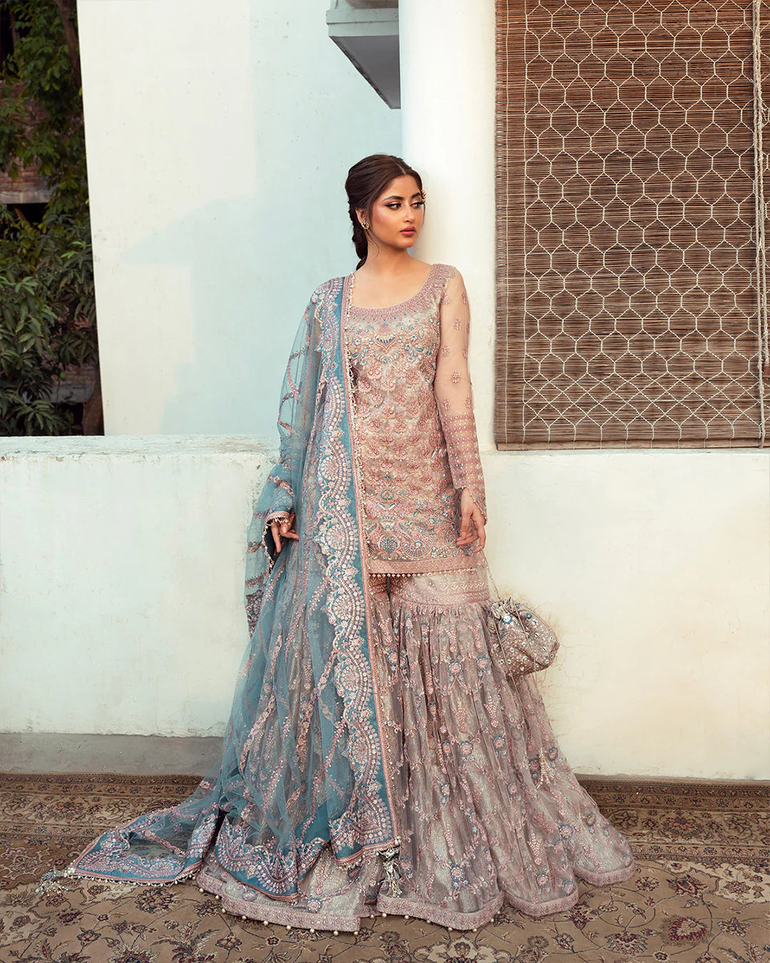 Aytan | Luxury Tea Pink Net Gharara Suit  Heirloom Embroidered Dress | Resham, Tilla & Sequins Work - Silko Store
