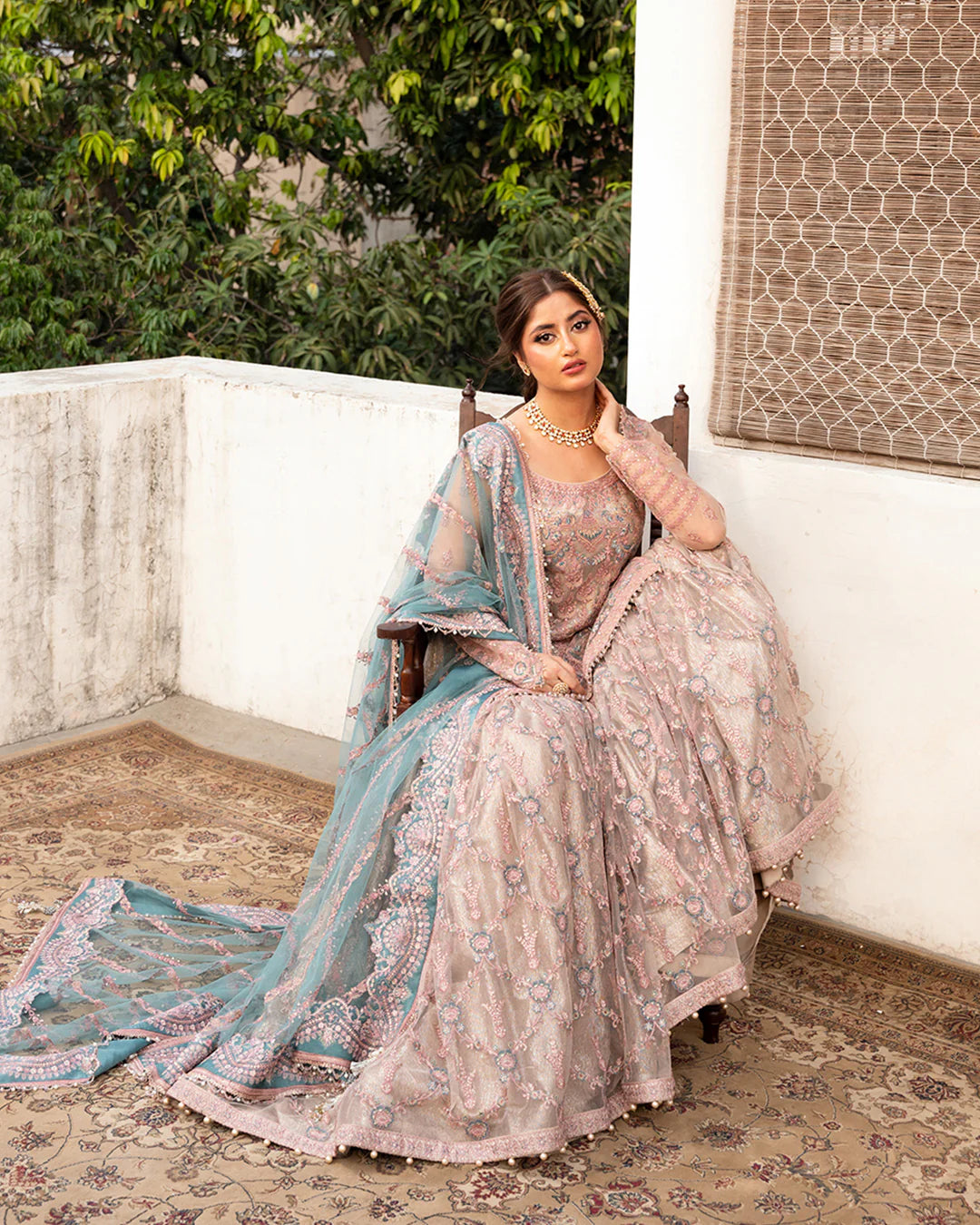 Aytan | Luxury Tea Pink Net Gharara Suit  Heirloom Embroidered Dress | Resham, Tilla & Sequins Work - Silko Store