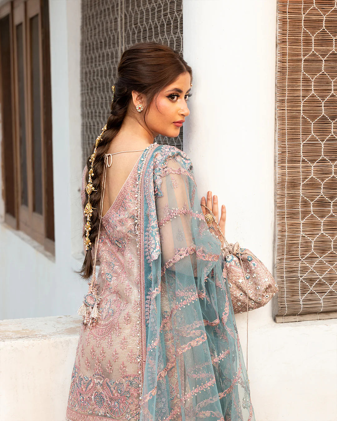 Aytan | Luxury Tea Pink Net Gharara Suit  Heirloom Embroidered Dress | Resham, Tilla & Sequins Work - Silko Store