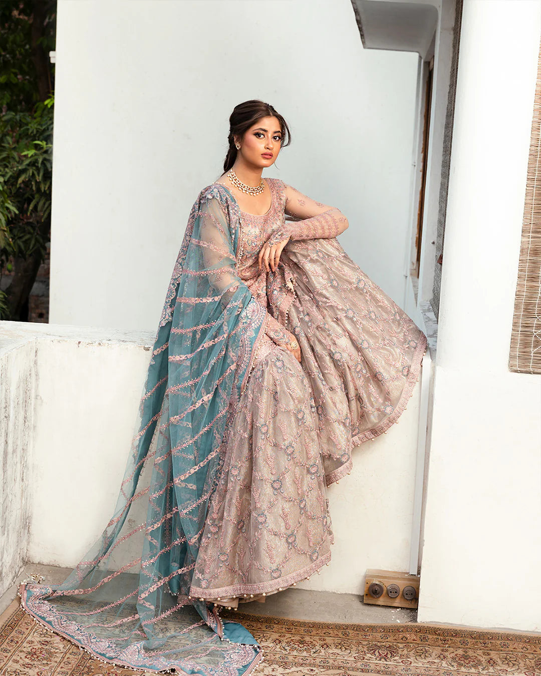Aytan | Luxury Tea Pink Net Gharara Suit  Heirloom Embroidered Dress | Resham, Tilla & Sequins Work - Silko Store