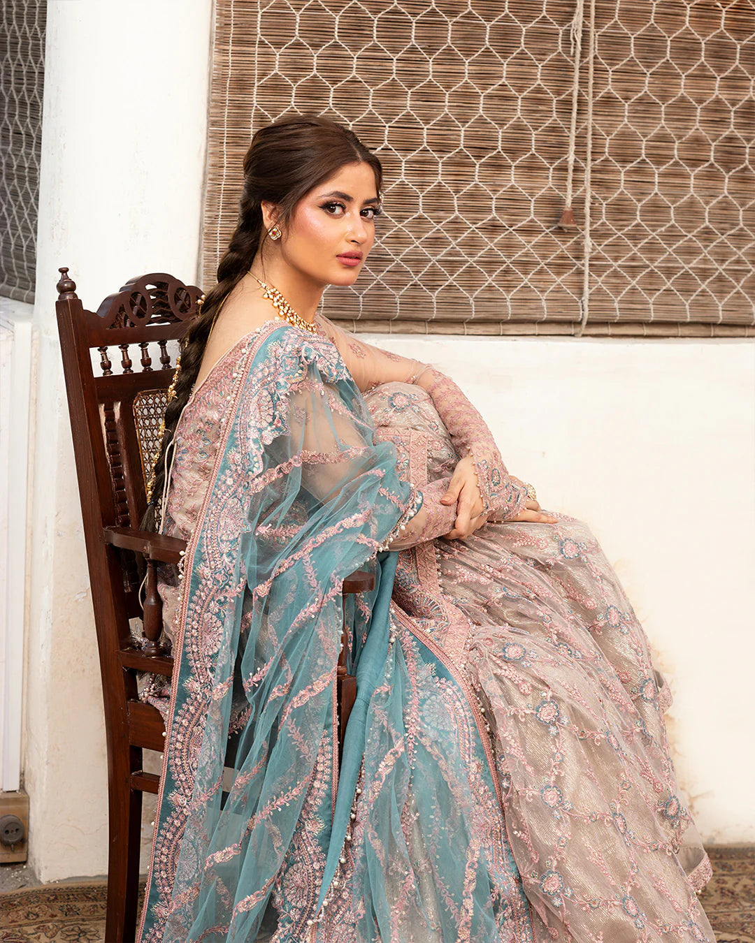 Aytan | Luxury Tea Pink Net Gharara Suit  Heirloom Embroidered Dress | Resham, Tilla & Sequins Work - Silko Store
