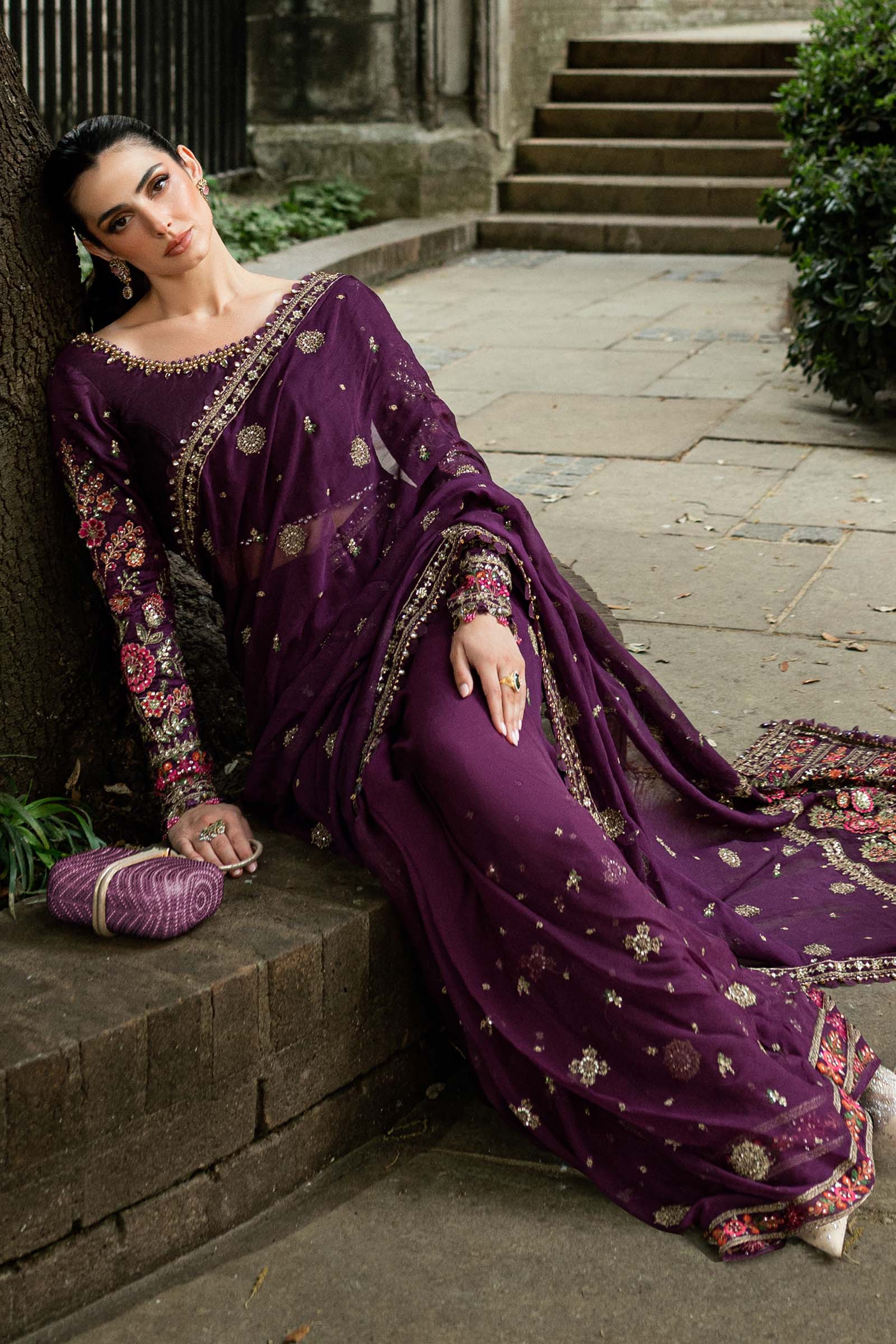 Unstitched Embroidered Chiffon Saree - My Store