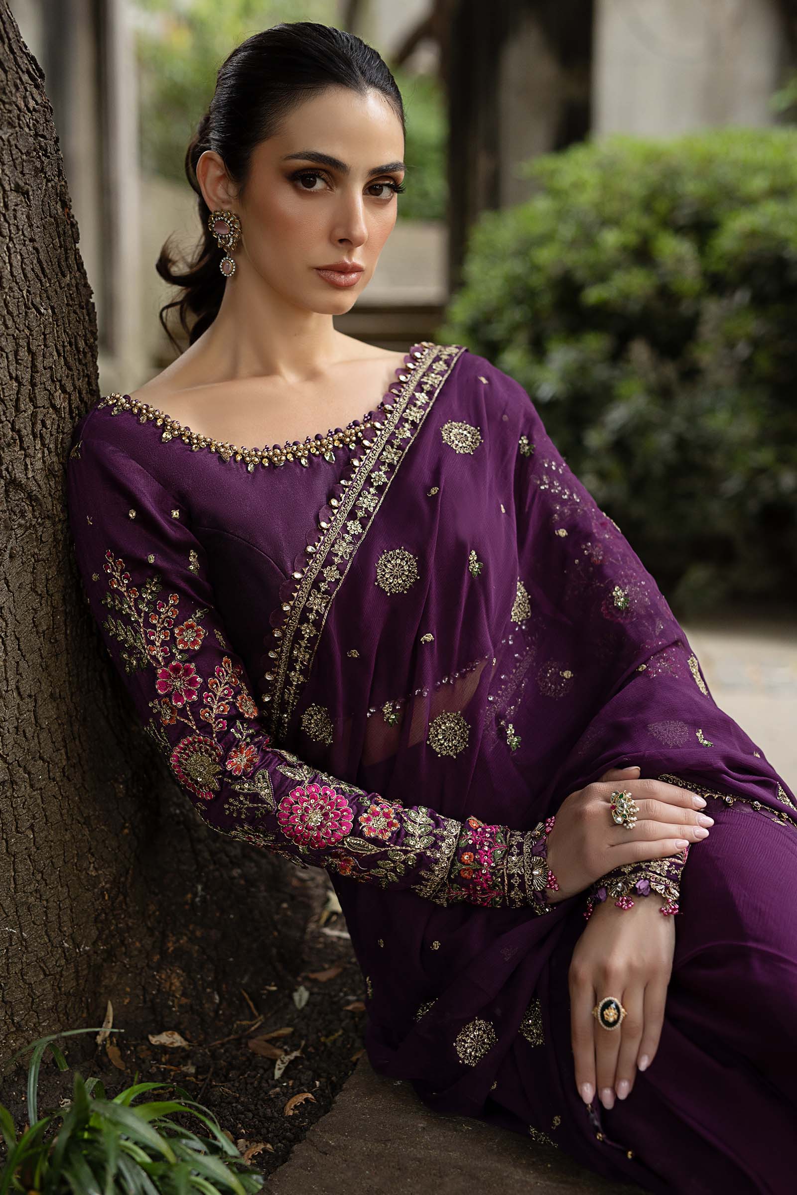 Unstitched Embroidered Chiffon Saree - My Store