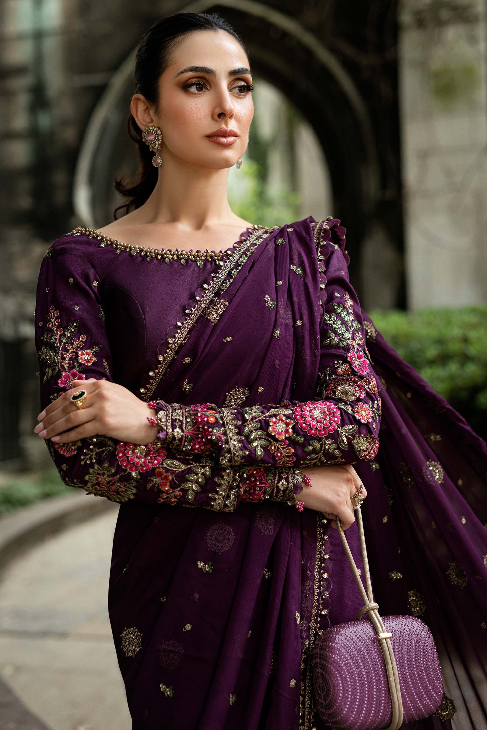 Unstitched Embroidered Chiffon Saree - My Store