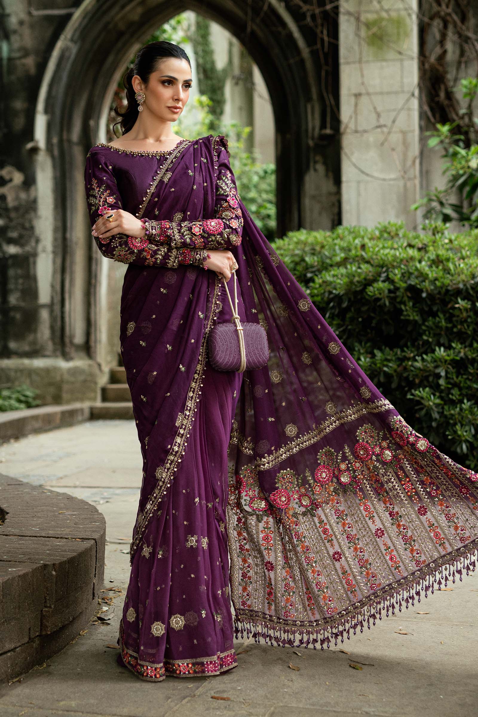 Unstitched Embroidered Chiffon Saree - My Store