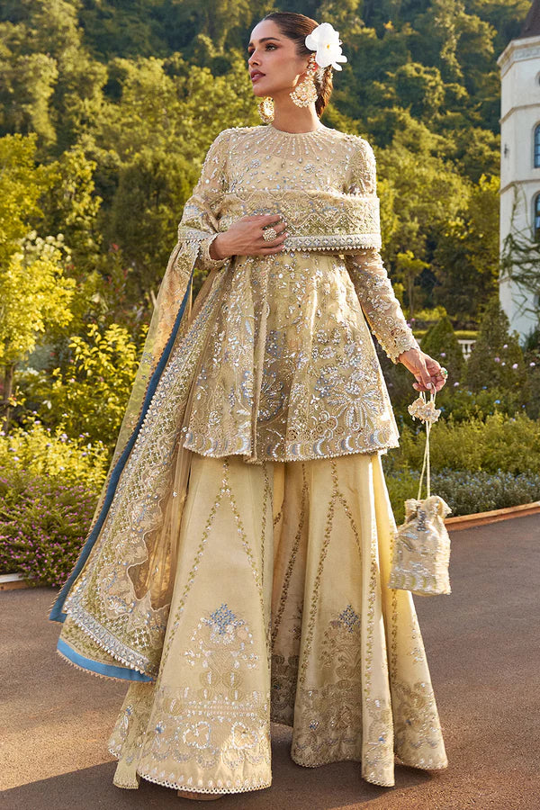 Luxury Hand-Embellished Organza Suit in Gold | Chantelle Formal Unstitched Collection BQU-UF-D752-00 - Silko Store